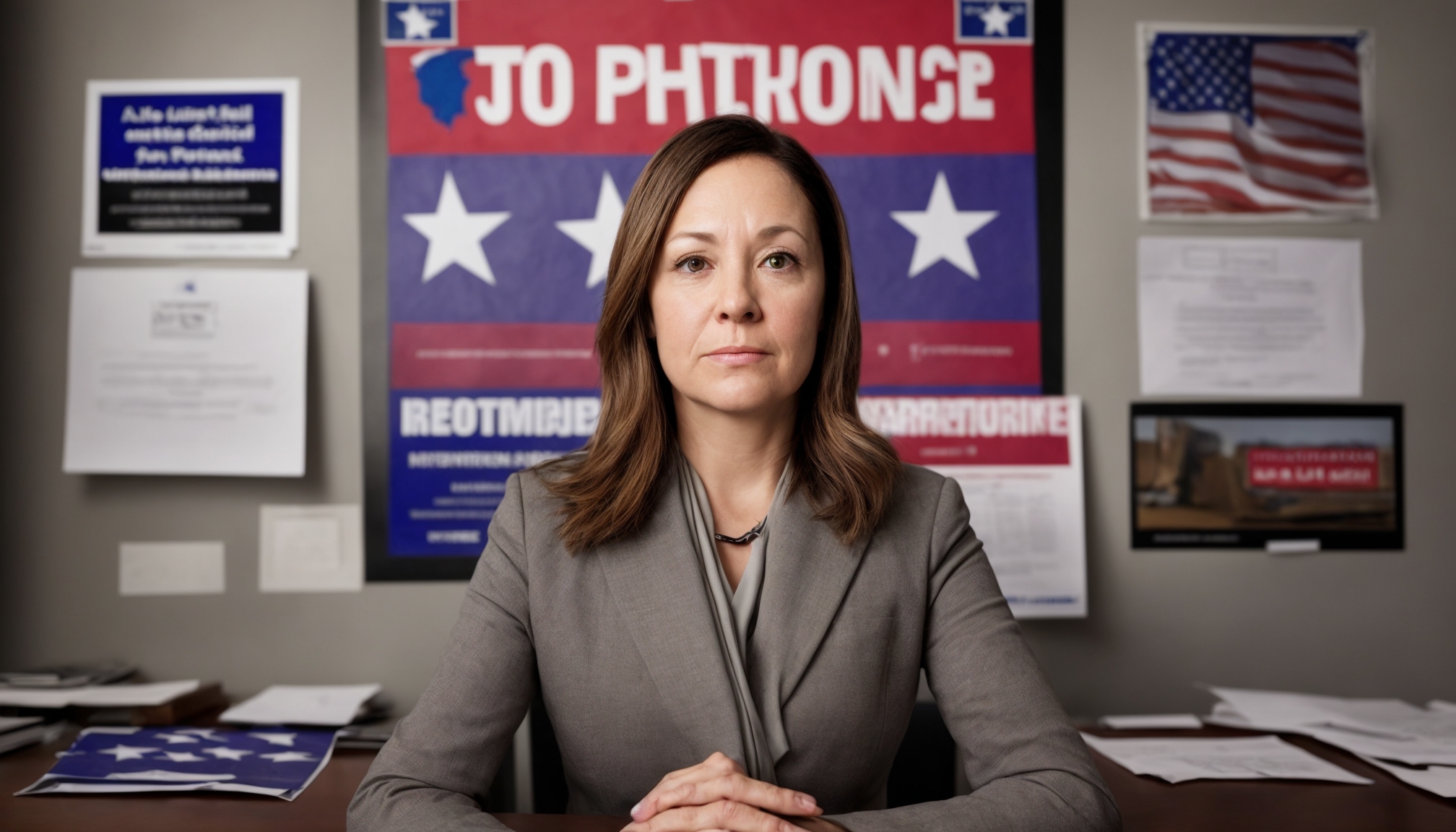 Portrait of a small US political party leader behind desk with campaign posters in background