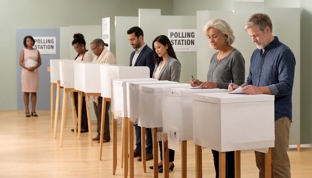 Diverse group of voters behind a voting booth representing small political parties in US elections