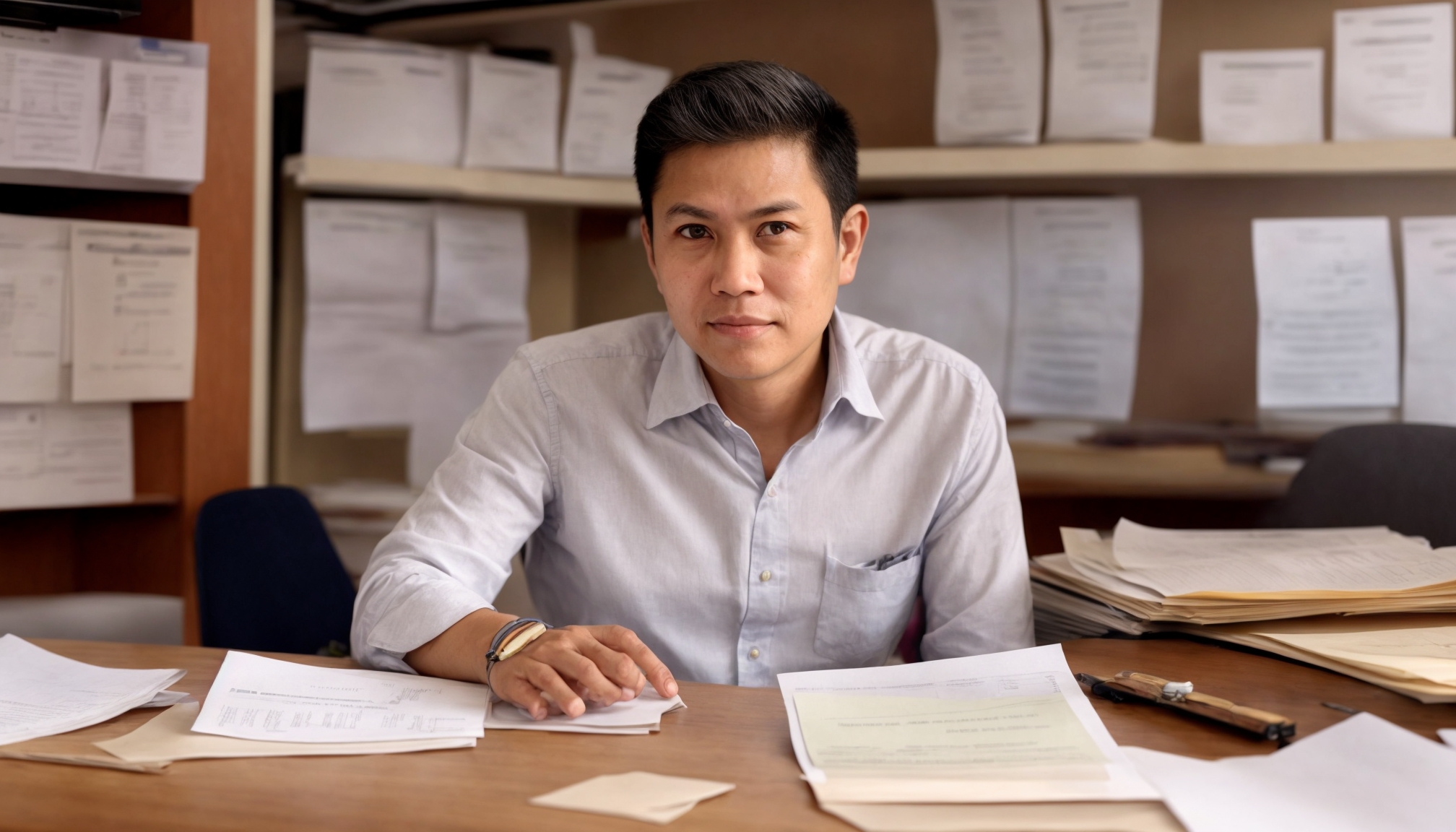 Campaign organizer reviewing third-party election materials at a headquarters desk
