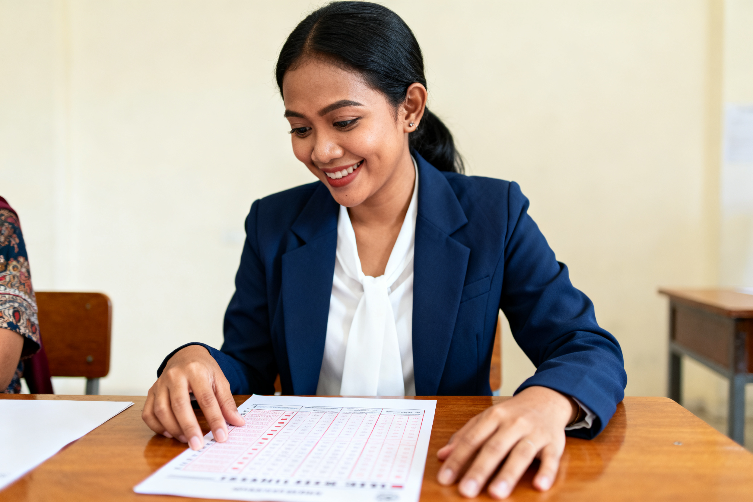 Small party influence election illustrated by Indonesian woman reviewing ballot in a quiet office