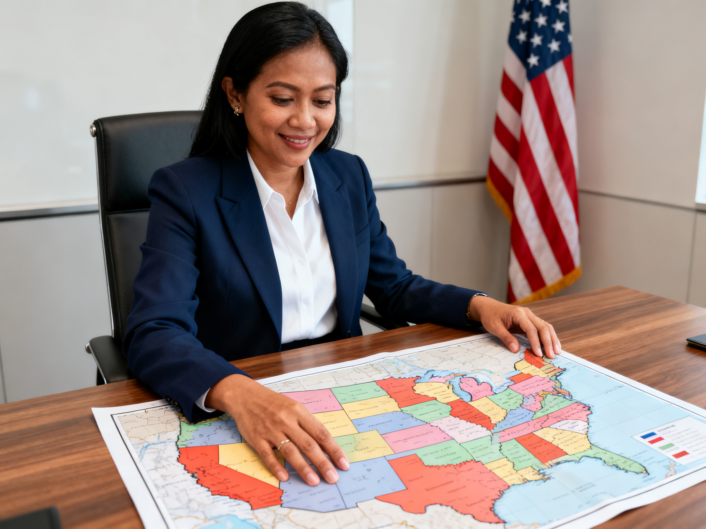 Indonesian woman examining US electoral map illustrating small political parties influence on elections